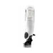 White and clear rechargeable hands-free stroker with control buttons and suction cup base on white background