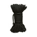 Coiled 50ft black 6mm hemp bondage rope with reinforced ends for secure and comfortable rope play.