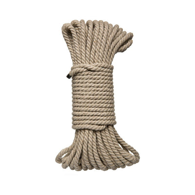 Coiled 50ft natural 6mm hemp rope with reinforced ends for bondage and shibari play.
