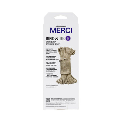 Merci Bind & Tie 6mm natural hemp bondage rope 50ft with reinforced ends in retail packaging