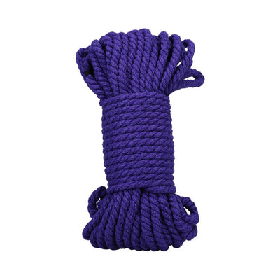 Coiled 50ft violet 6mm hemp bondage rope with reinforced ends for secure and comfortable rope play.