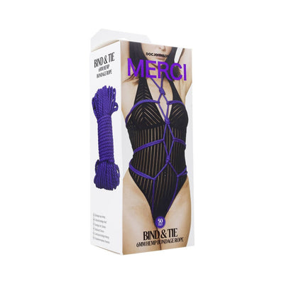 Packaging of Merci Bind&tie 6mm violet hemp bondage rope showing coiled rope and model wearing rope harness over black sheer bodysuit.