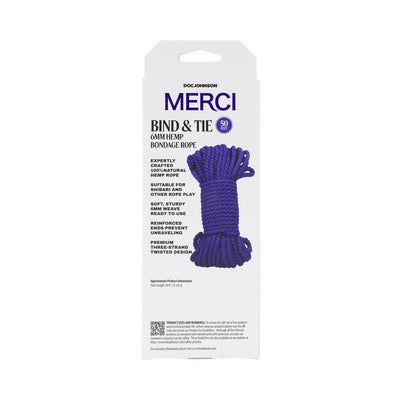 Violet 50ft Merci Bind & Tie 6mm hemp bondage rope in white packaging with product details and reinforced ends.