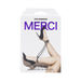 Packaging of Merci Bind&tie 6mm black hemp wrist or ankle cuffs with image of legs in black heels restrained by rope.