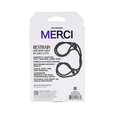 Packaging of Merci Bind&tie 6mm black hemp wrist or ankle cuffs with product details and rope illustration.