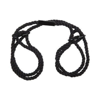 Black 6mm hemp wrist and ankle cuffs with slip-ring design and swivel hardware for comfortable restraint.