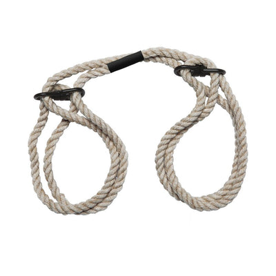 Black hemp rope wrist and ankle cuffs with slip-ring design for easy restraint and comfortable wear.