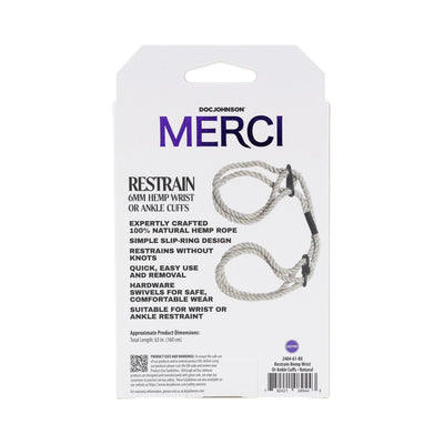 Packaging of Merci Bind&tie 6mm natural hemp wrist or ankle cuffs with product details and rope image on white background.