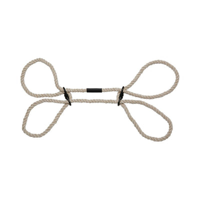 Black hardware hemp rope wrist and ankle cuffs with adjustable loops for comfortable restraint.