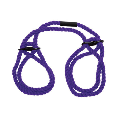 Purple 6mm hemp wrist and ankle cuffs with slip-ring design and black hardware for easy restraint.