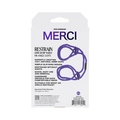 Packaging of Merci Bind&tie 6mm hemp wrist or ankle cuffs in violet with product details and usage instructions.