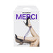 Merci Bind&tie black 6mm hemp wrist or ankle cuffs shown on packaging with legs in black heels restrained by purple rope.