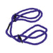 Purple 6mm hemp wrist and ankle cuffs with black slip-ring hardware for easy restraint.