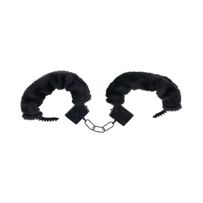 Black metal handcuffs with soft plush faux fur lining and a short connecting chain, designed for comfort and secure restraint.