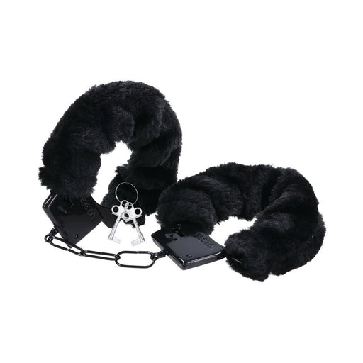 Black metal handcuffs with soft plush faux fur lining and two silver keys attached by a small chain.
