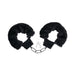 Black fluffy faux fur-lined metal cuffs connected by a short chain with two small keys on a ring.