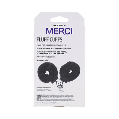 Merci Fluff Cuffs Black packaging showing plush faux fur covered metal cuffs with keys and product details.