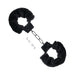 Black metal handcuffs with soft black faux fur lining and two small silver keys on a white background.