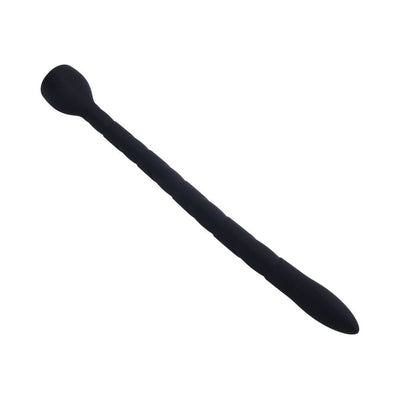 Long black silicone anal toy with tapered tip and textured shaft for comfortable, deep exploration.