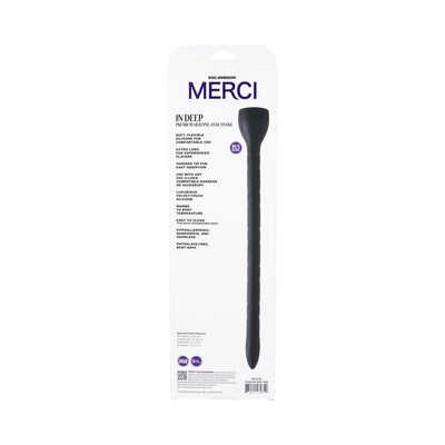Merci In Deep Premium Silicone Anal Snake in black with packaging showing product features and dimensions.