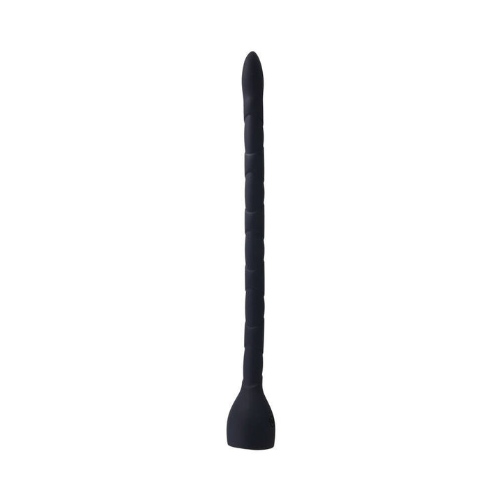 Black silicone anal toy with a tapered tip and textured snake-like design, standing upright on a white background.
