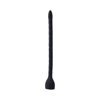 Black silicone anal toy with a tapered tip and textured snake-like design, standing upright on a white background.