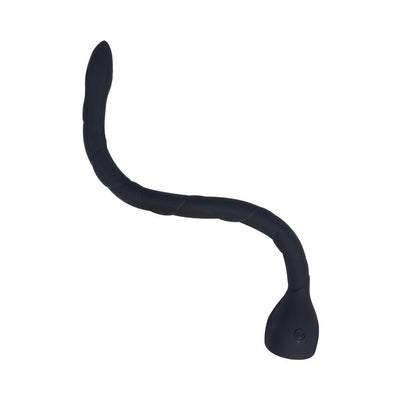 Black flexible silicone anal toy with a slim, tapered tip and textured surface, designed for deep exploration.