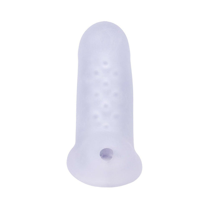 Sheer frosted extender with textured interior and ball strap hole, designed to enhance size and sensation.