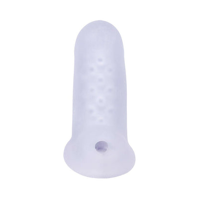 Sheer frosted extender with textured interior and ball strap hole, designed to enhance size and sensation.