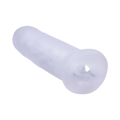 Sheer frosted soft extender with ball strap designed to enhance length and girth for intimate use.