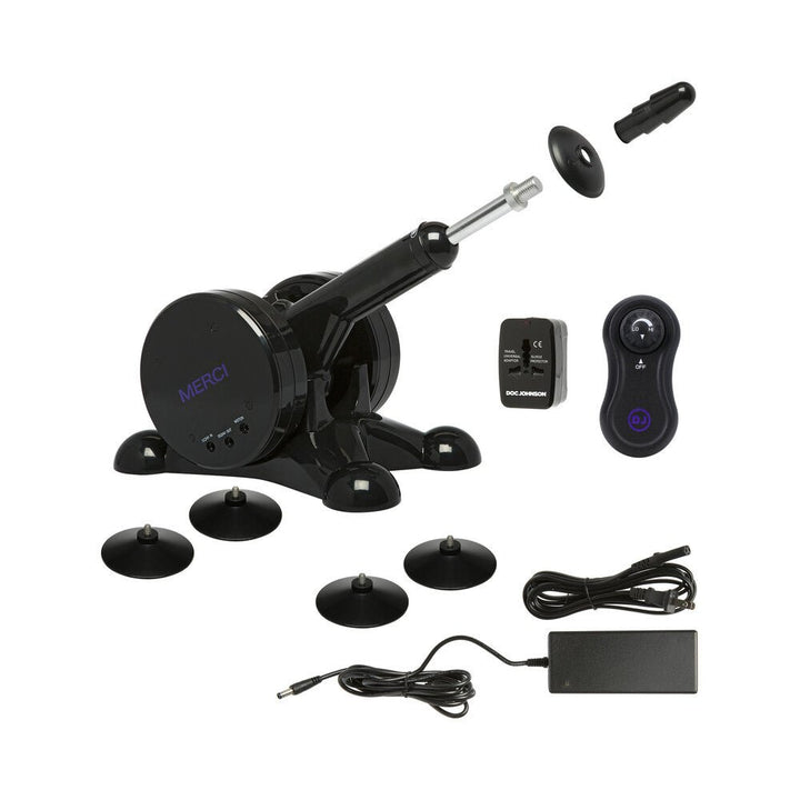 Merci Power Banger machine with adjustable arm, suction cups, wireless remote, power adapter, and Vac-U-Lock plug accessories.