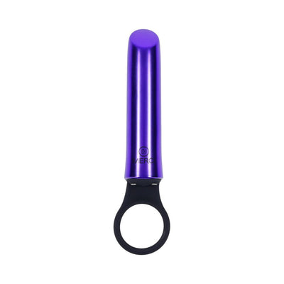 Compact violet vibrator with smooth finish and black silicone grip ring for easy handling.