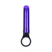 Compact violet vibrator with smooth finish and black silicone grip ring for easy handling.