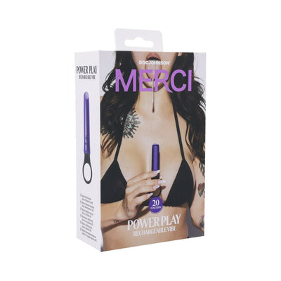 Packaging of Merci Power Play rechargeable violet vibrator with silicone grip ring, showing model holding the product.