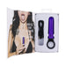 Merci Power Play violet vibrator with silicone grip ring and USB charging cable in open packaging with promotional image inside lid.