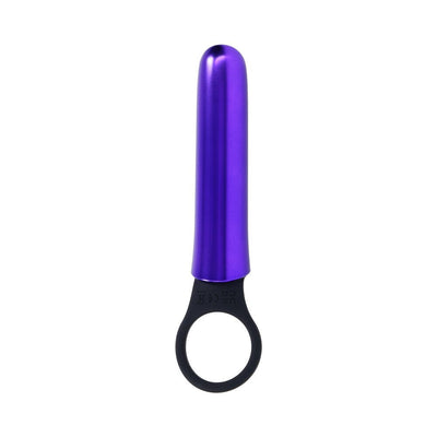 Compact violet vibrator with smooth metallic finish and black silicone grip ring handle.