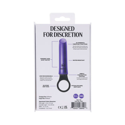 Packaging back of Merci Power Play violet vibrator highlighting discreet size, 20 vibration modes, silicone grip ring, USB rechargeable, and water resistance.