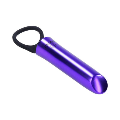 Compact violet vibrator with smooth velvet finish and black silicone grip ring for easy handling.