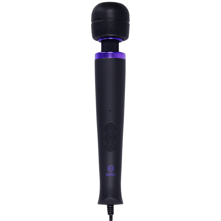 Black and violet Merci Power Wand massager with flexible silicone head and control buttons on handle, shown upright on white background.