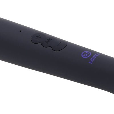 Close-up of black Merci rechargeable power wand massager handle with control buttons and violet logo.