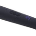 Close-up of black Merci rechargeable power wand massager handle with control buttons and violet logo.