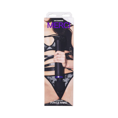 Merci Rechargeable Power Wand massager in black and violet shown in packaging with model wearing black lingerie.
