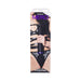 Merci Rechargeable Power Wand massager in black and violet shown in packaging with model wearing black lingerie.