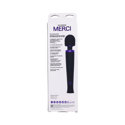 Merci Rechargeable Power Wand massager in black and violet shown in retail packaging with product features listed.