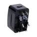 Black universal travel power adapter with multiple plug types for international use including Europe, UK, and USA.