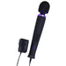 Black and violet rechargeable silicone wand massager with flexible head and charging adapter on white background