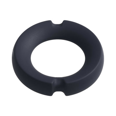 Black silicone-covered metal ring with a smooth, split design and beveled edges for comfortable wear.