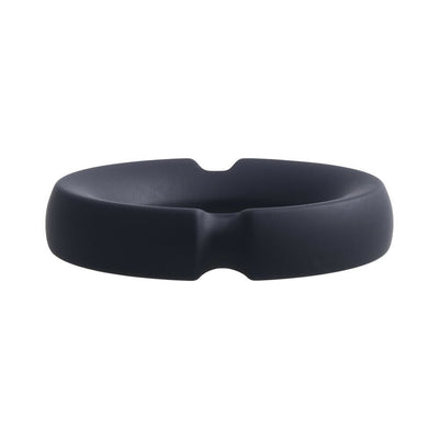Black silicone-covered metal cock ring with a smooth, split design and beveled edges for comfort and support.