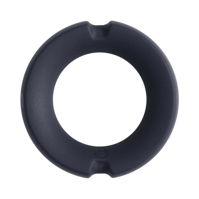 Black silicone covered metal cock ring with a smooth, rounded design and subtle grooves for comfort.