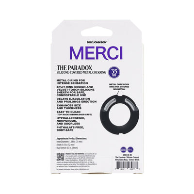 Packaging of Merci The Paradox silicone-covered metal cock ring in black, highlighting features and product details.